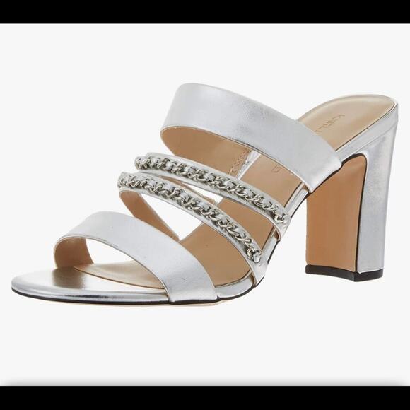 Karl Lagerfeld heels Cambrie Strappy Slide Sandal  PARIS 7.5 silver block heel - Picture 1 of 14